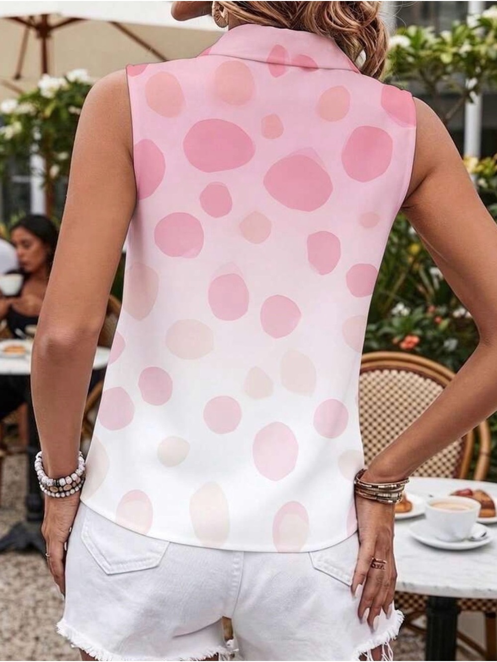 NWOT Sleeveless Pink Polka Dot Button-Down Blouse - Picture 2 of 6